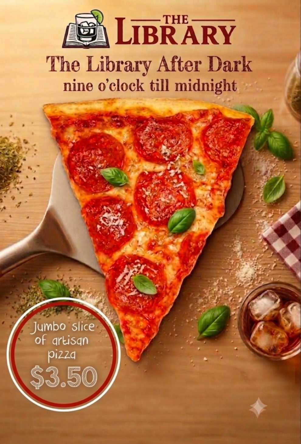 The Library After Dark jumbo pizza slice flier